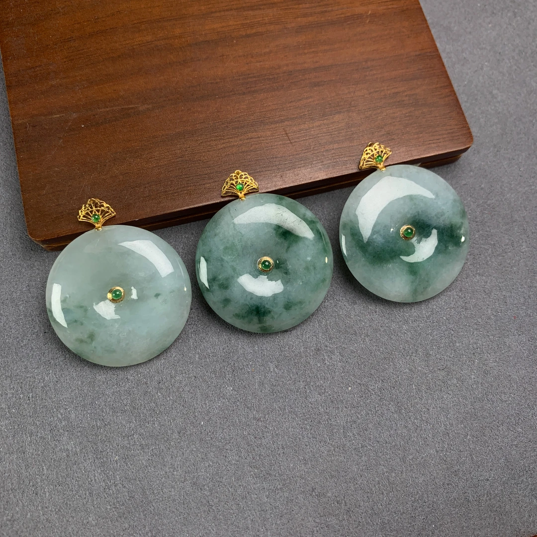 【秋姐家】天然A货翡翠平安扣18k金镶嵌/多样性发一件/PQGJ715