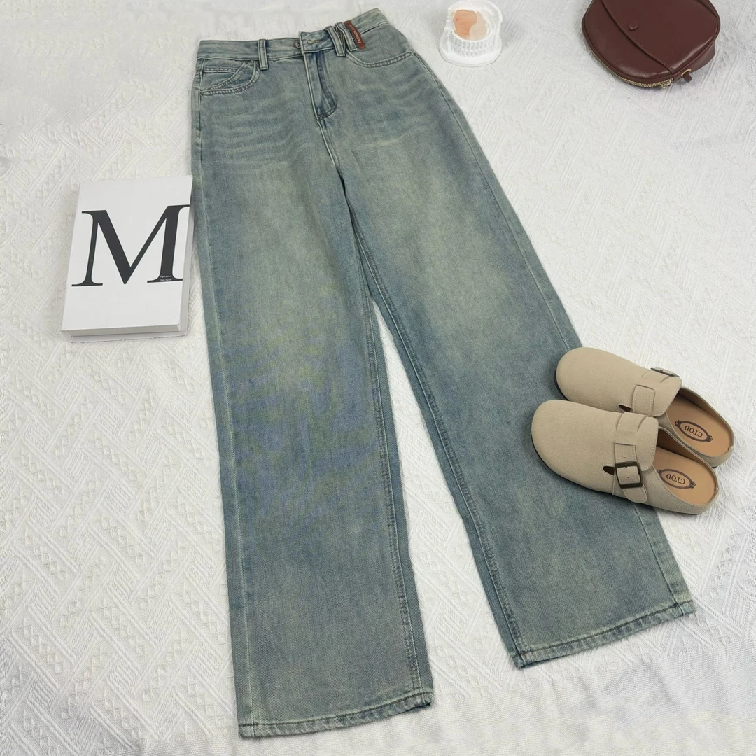 玲姐定制-高腰垂感做旧直筒长裤拖地裤牛仔裤380856