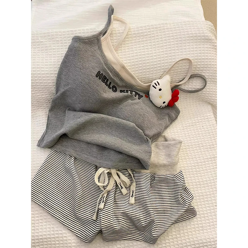 【字母Kitty】韩系可爱睡衣女夏款爆款带胸垫吊带短裤家居服两件套