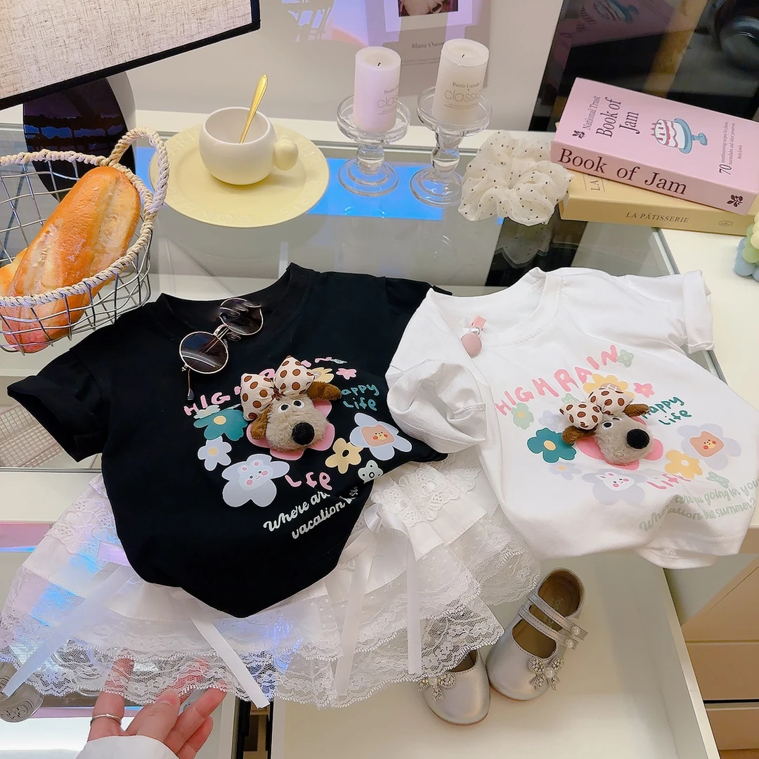 儿童纯棉短袖女童卡通风印花T洋气韩版宝宝立体玩偶圆领百搭上衣