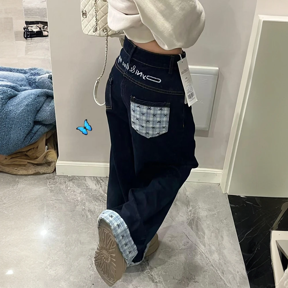 设计感蝴蝶结格子拼接牛仔裤女春季高腰翻边阔腿宽松直筒裤2025