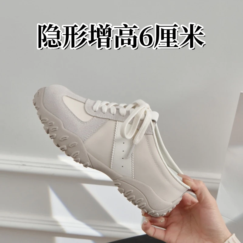 真皮复古内增高包头半拖鞋女夏季新款小个子平底德训鞋透气休闲鞋