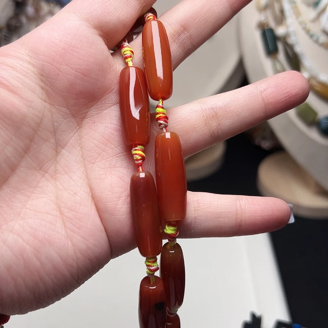 玛瑙/玉髓未镶嵌珠宝半成品k364红色玛瑙双尖桶珠10*28