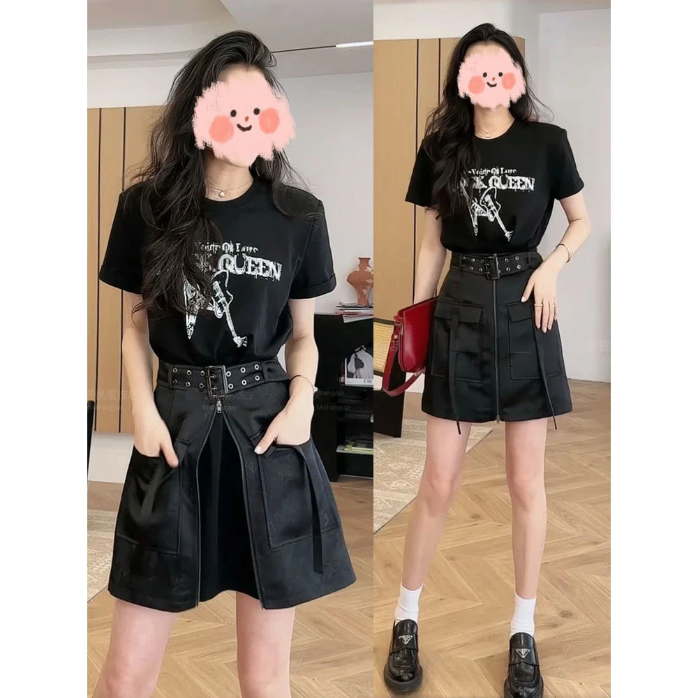 2025夏季新款美式复古修身显瘦连衣裙女洋气假两件拼接工装连衣裙