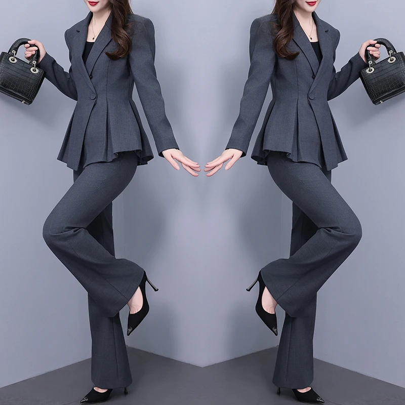 高端灰色三件套女西装2025秋季新款微喇裤设计感西服气质时尚套装