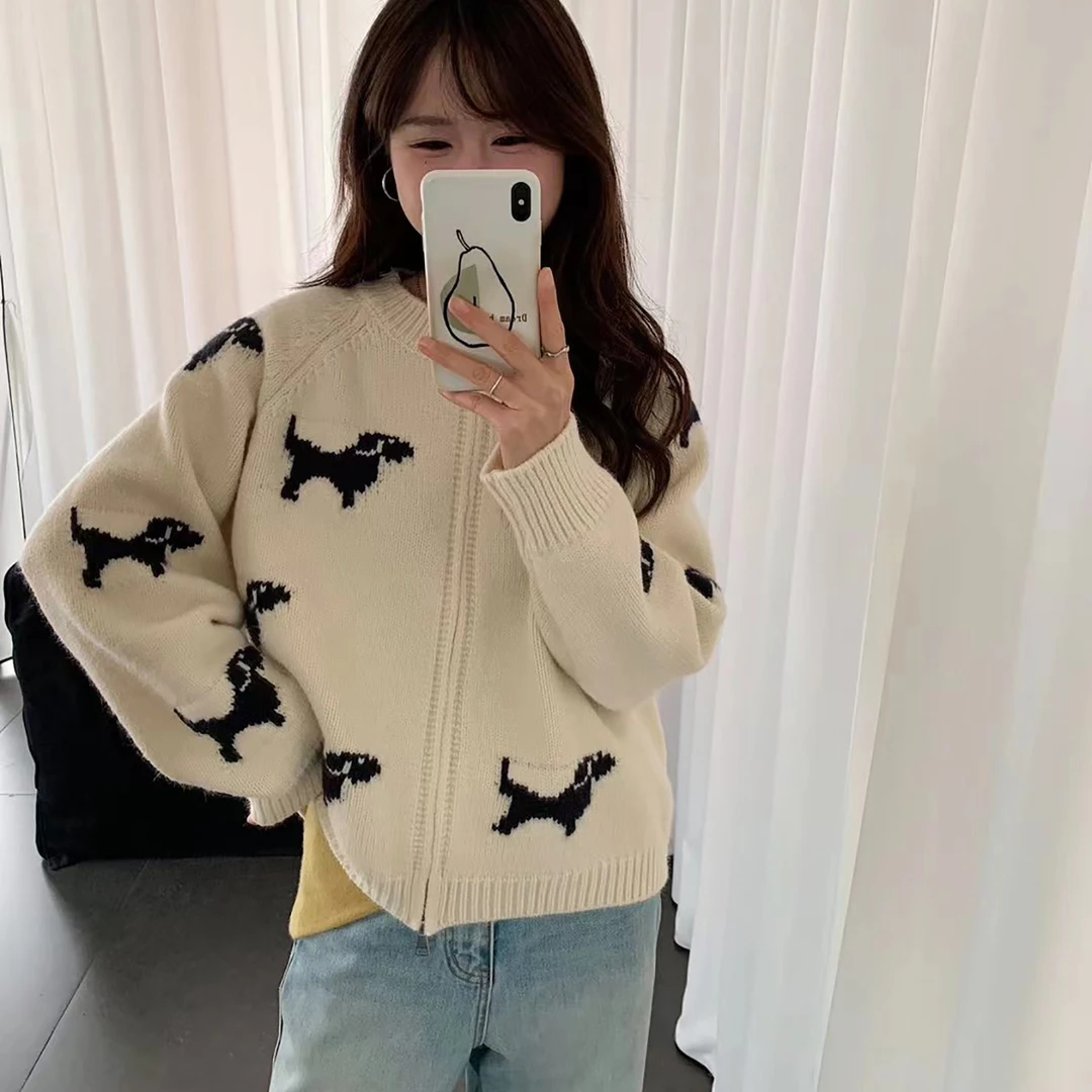 韩系小狗图案双拉链毛衣外套女秋冬季上衣加厚巨好看复古针织开衫