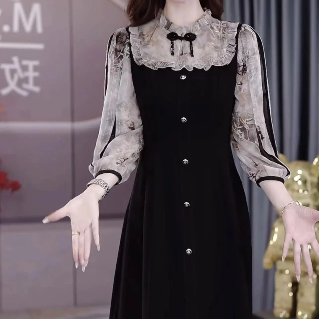洋气感减龄假两件连衣裙2025早秋新款七分袖遮肚百搭优雅裙子跨境