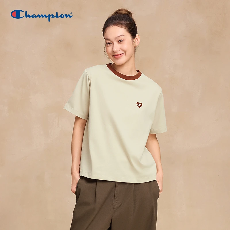 Champion冠军25秋季新款短袖T恤女刺绣心形logo百搭纯棉潮流撞色