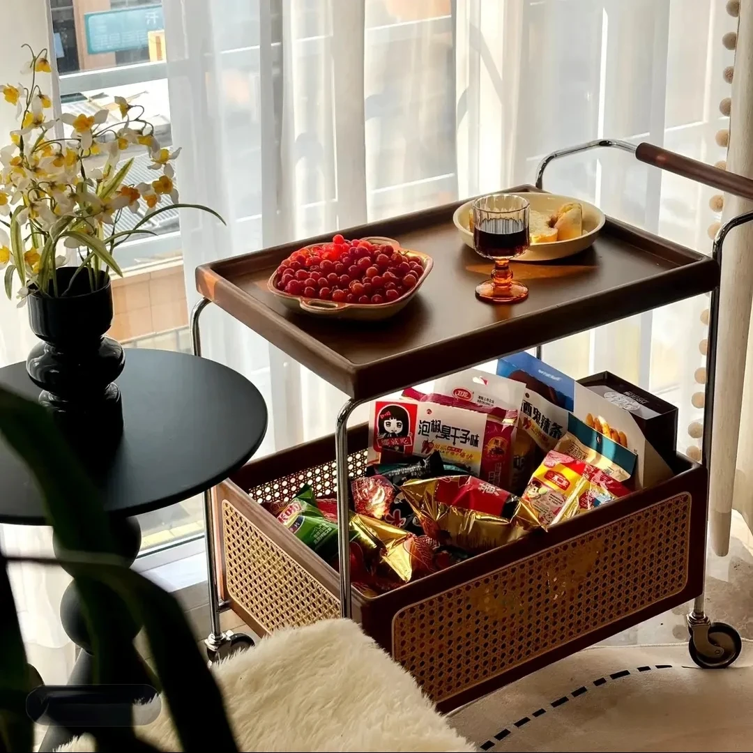 中古风小推车复古客厅可移动小推车藤编移动边几零食茶几置物架