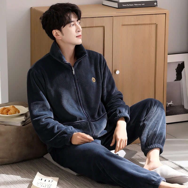 睡衣男款冬季加厚加绒冬款珊瑚绒法兰绒男冬天拉链婴儿绒短绒套装