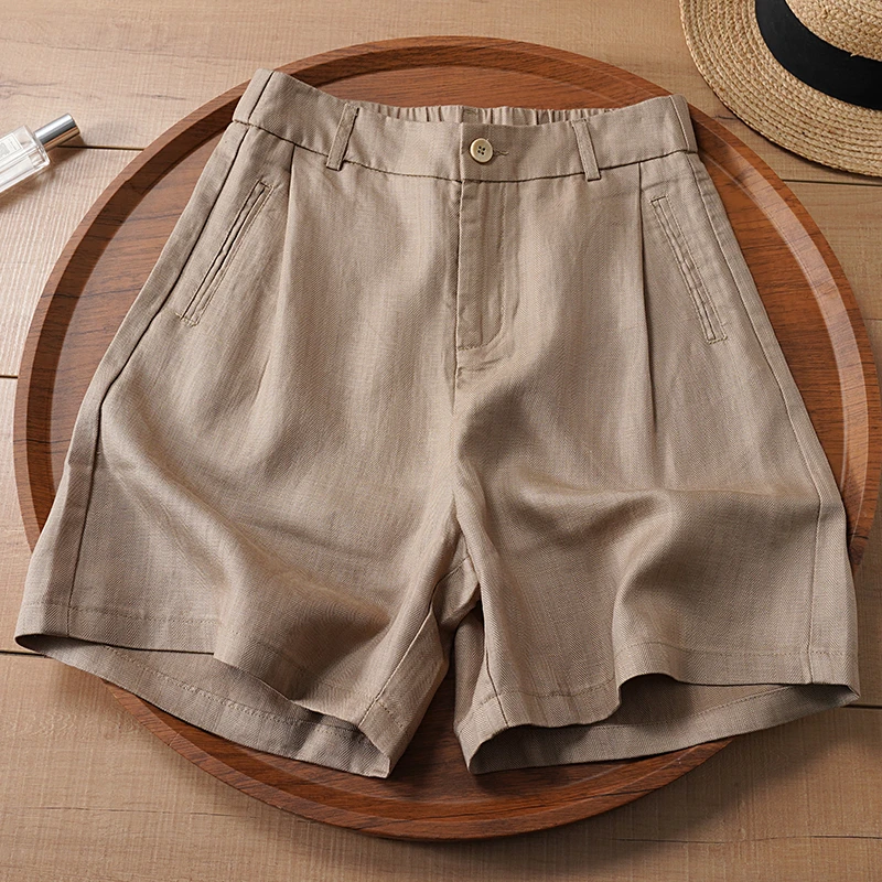 卡其色天丝亚麻2025夏季高腰短裤女薄款直筒宽松阔腿裤百搭五分裤