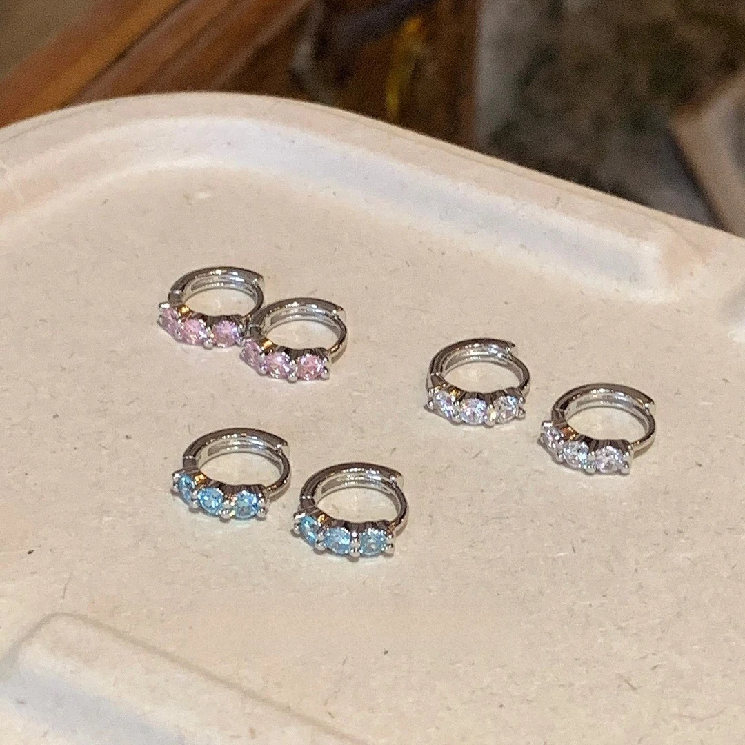 合金耳饰 爆闪马尔代夫小众锆石耳环耳扣精致素圈彩色女耳圈耳钉