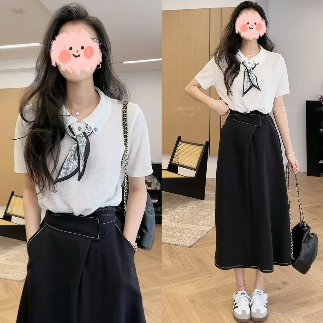 2025夏季温婉大方衣服轻薄透气针织短袖上衣显瘦半身裙气质套装女