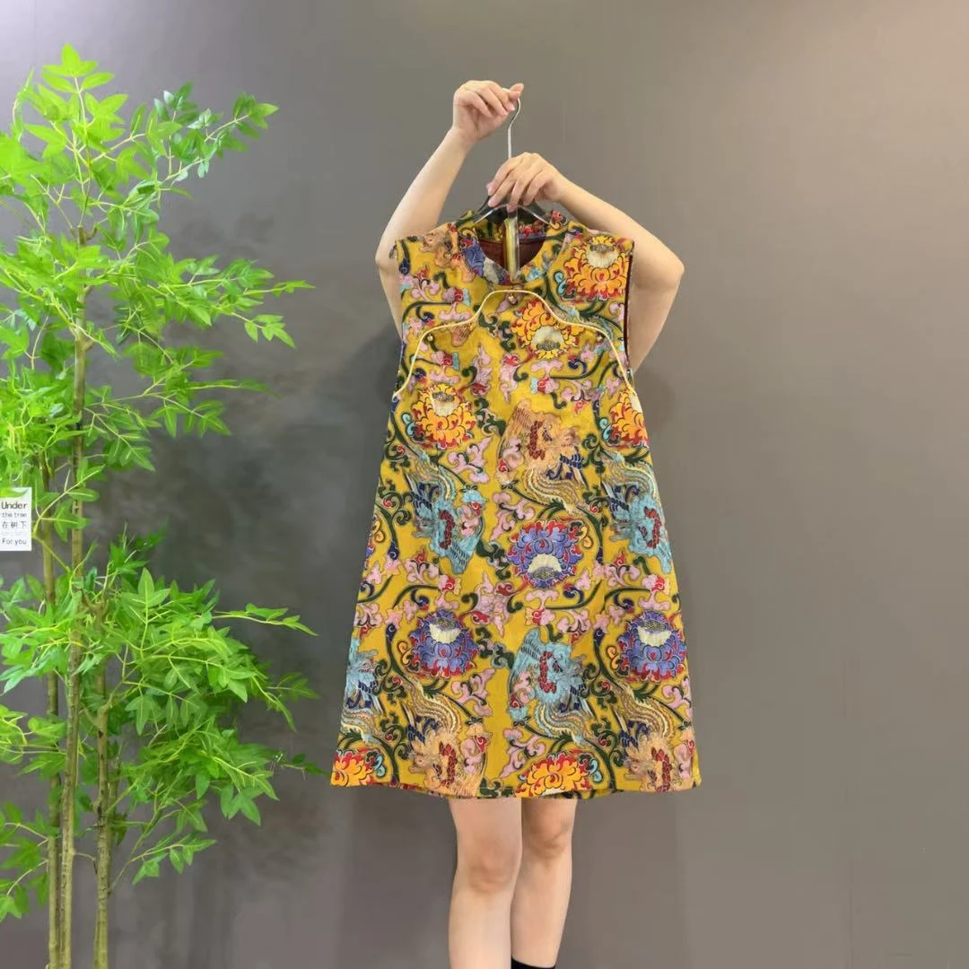 9113新款夏季中长款国风提花新中式无袖改良旗袍裙大码女装