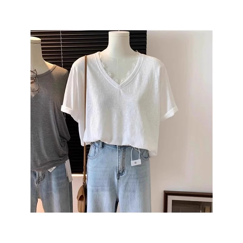 蕾丝V领宽松薄款短袖女上衣性感夏季纯色T恤衫洋气百搭正肩打底衫