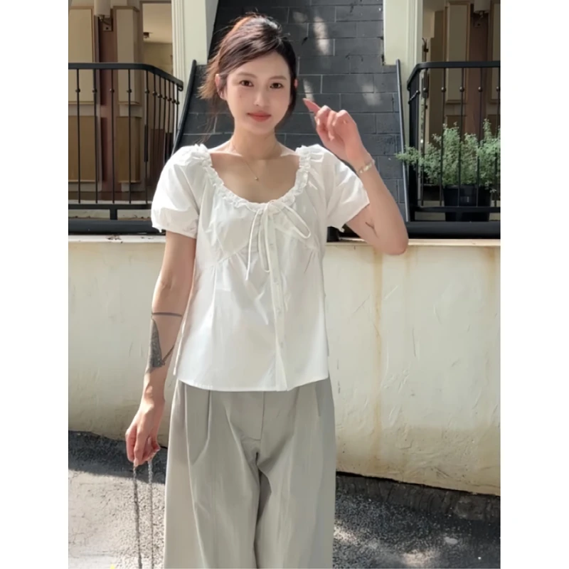 大码胖mm减龄甜美风蝴蝶系带泡泡袖上衣女夏季新款简约高级感衬衫