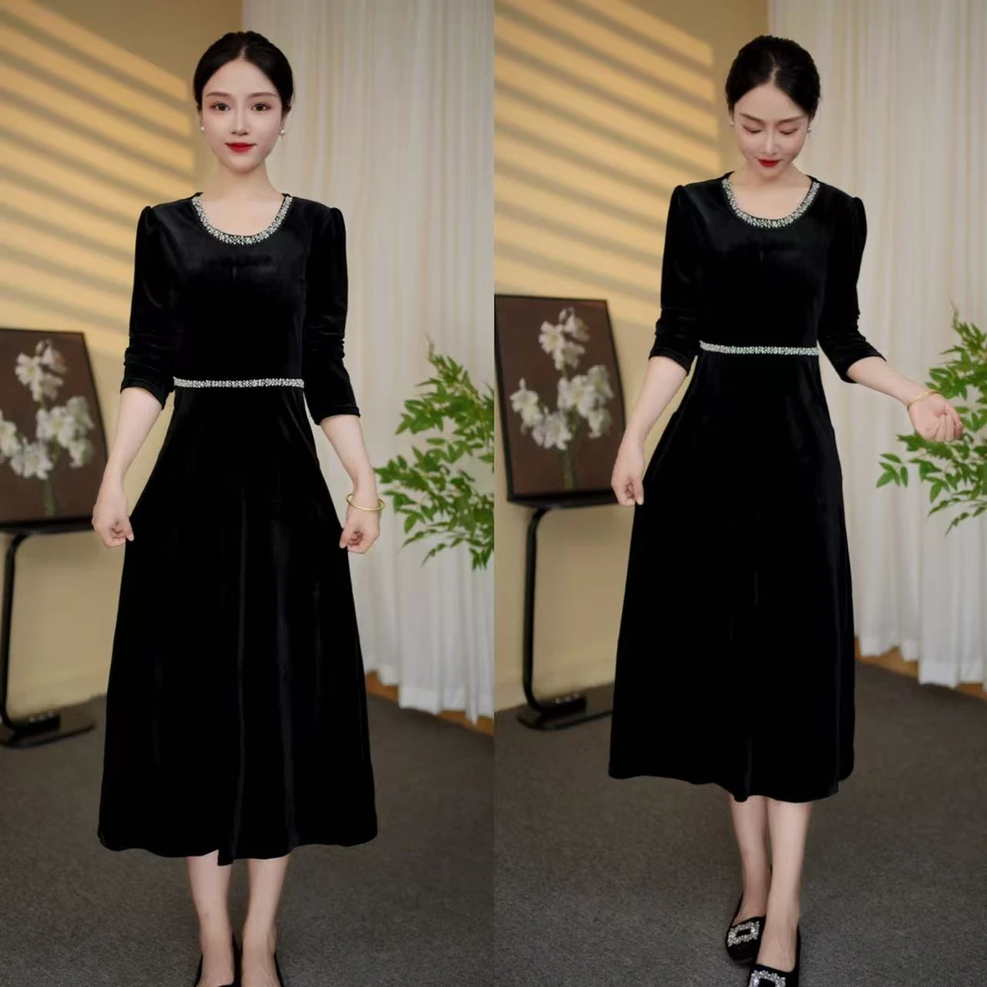 【吉遇优选】1788+07#早秋新品升级款丝绒气质修身连衣裙