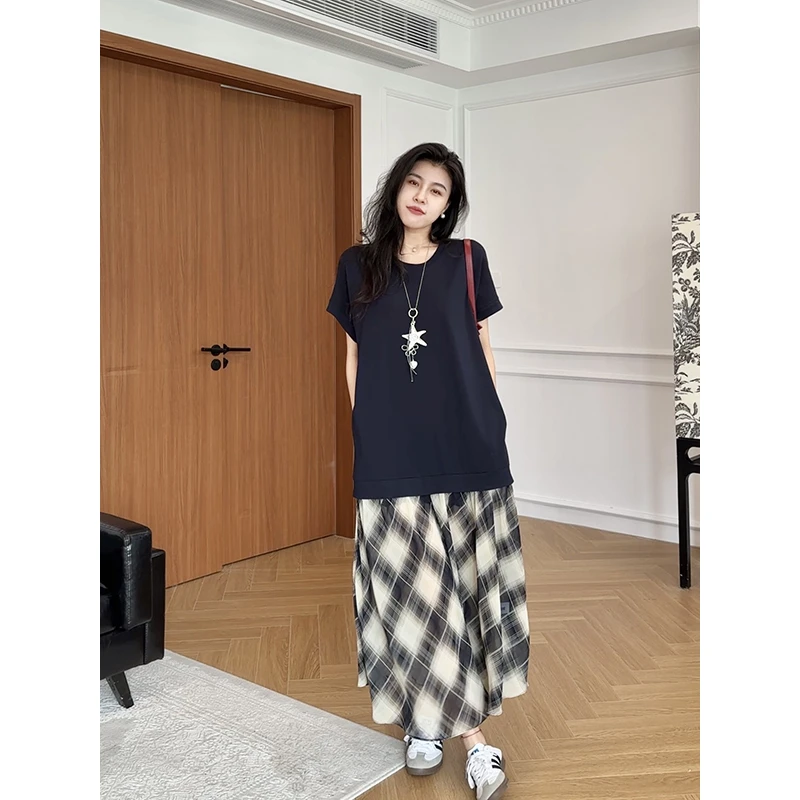 张阿星【松弛天赋】格纹拼接慵懒气质宽松遮肉显瘦连衣裙W425Q08458