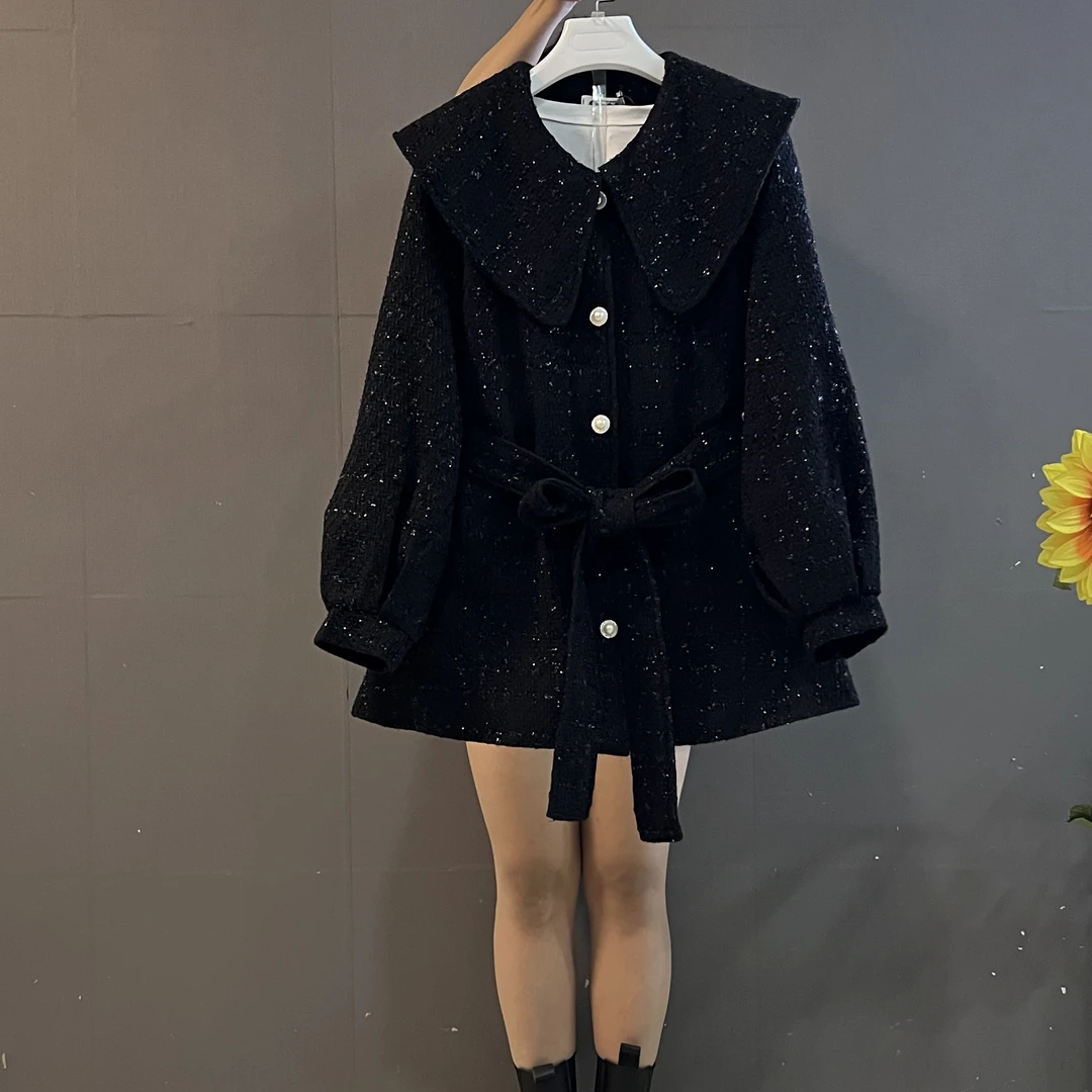 秋冬新款法式小香风娃娃领收腰显瘦夹棉外套