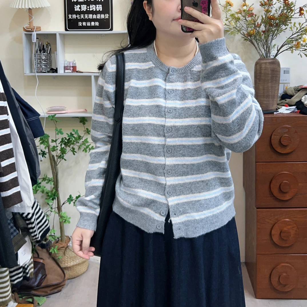 针织拼接条纹长袖不褪色毛针织衫套头秋季毛衣