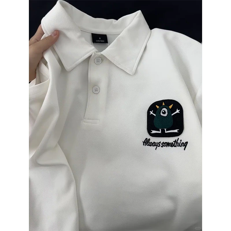 白色印花polo衫短袖男夏季薄款少年感穿搭宽松休闲翻领t恤半截袖