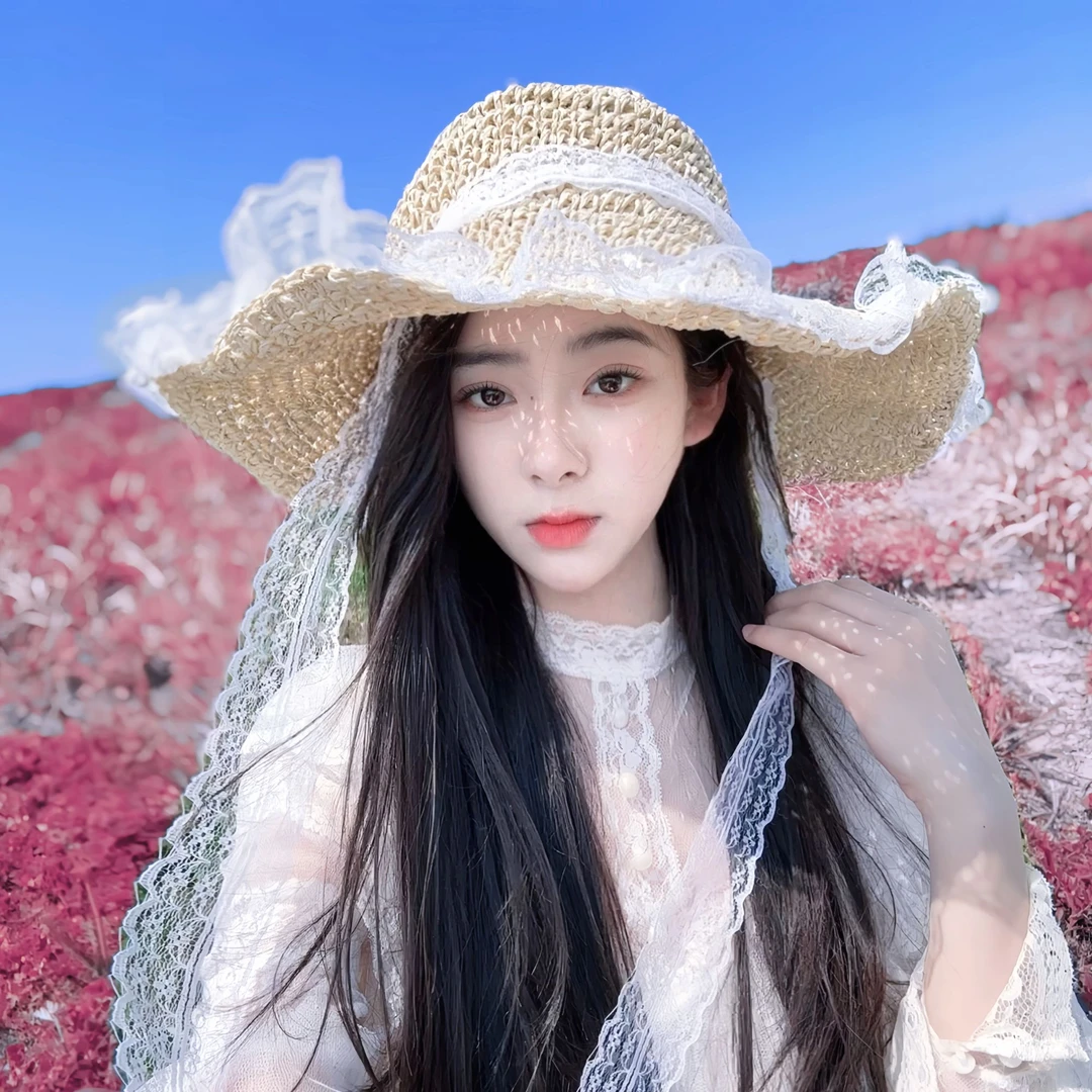 田园系列彩色花边编织草帽沙滩海边夏天旅游打卡女遮阳防晒蕾丝