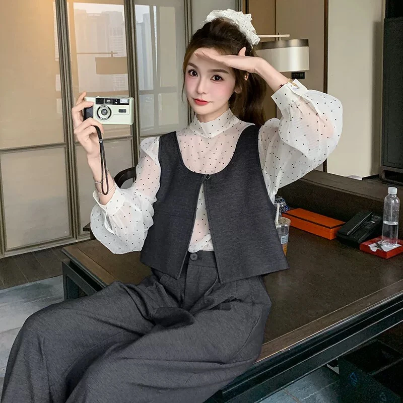 美美推荐2503洛卡岚波点衬衫马甲套装新款阔腿裤三件套