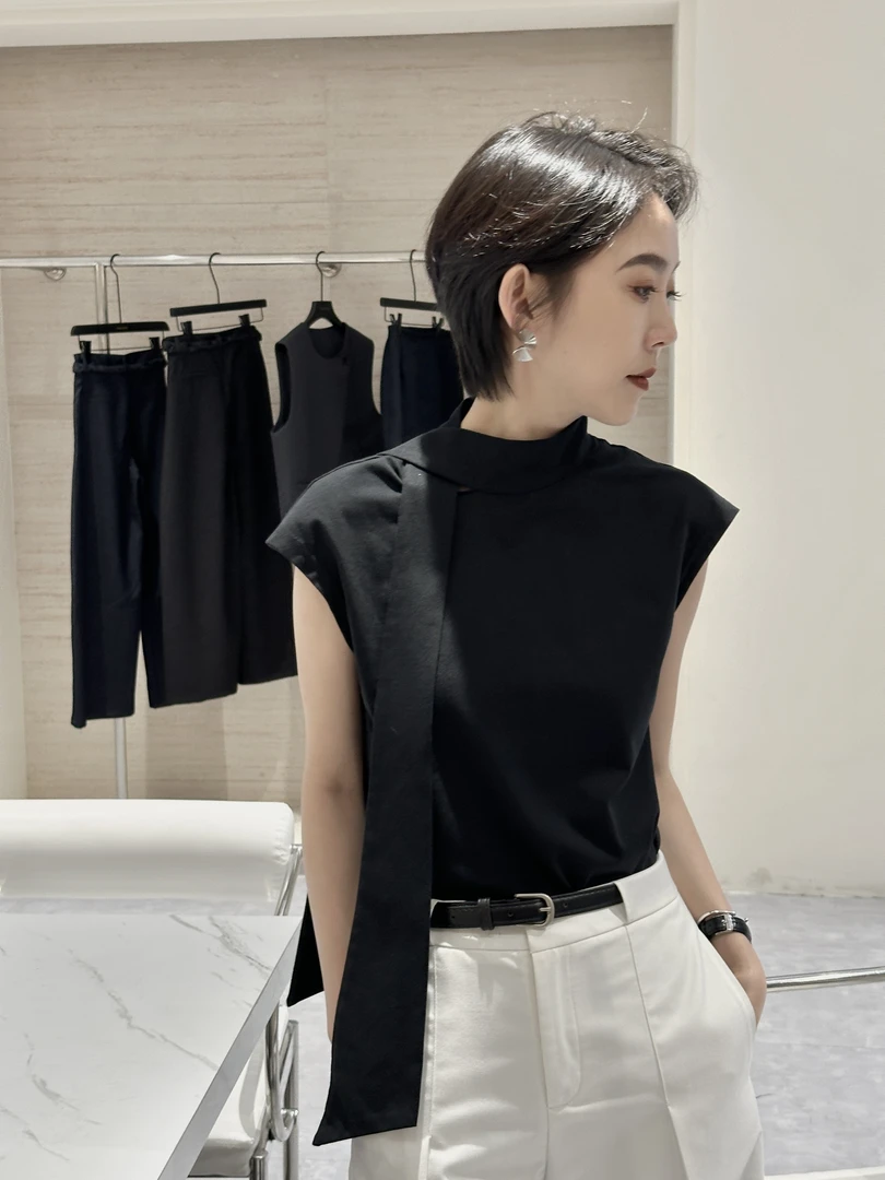 MADRCOUE 不规则立领飘带无袖T恤短袖603127