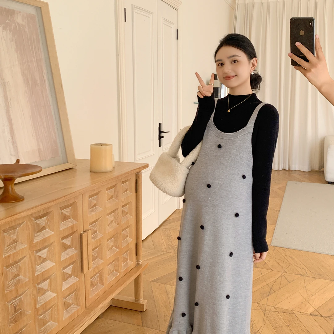ZMA孕妇装【立体毛球连衣裙】秋冬季新款背心裙叠穿打底衫两件套
