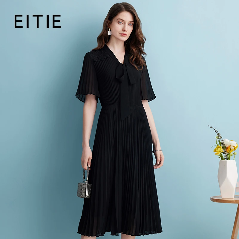 EITIE爱特爱夏季新款薄纱透视百褶雪纺飘带连衣裙7407140