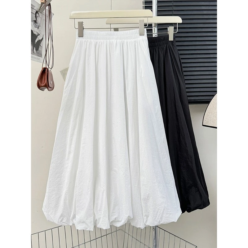 温柔风白色高腰A字花苞蓬蓬半身裙女夏季时尚高级感褶皱大摆伞裙