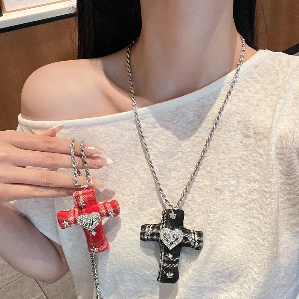 合金布艺项链 高级格子拼布十字架爱心满锆项链女甜酷风个性X0166