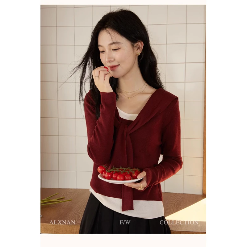 「柏林艺术馆」安可拉红假两件带披肩针织衫L39931