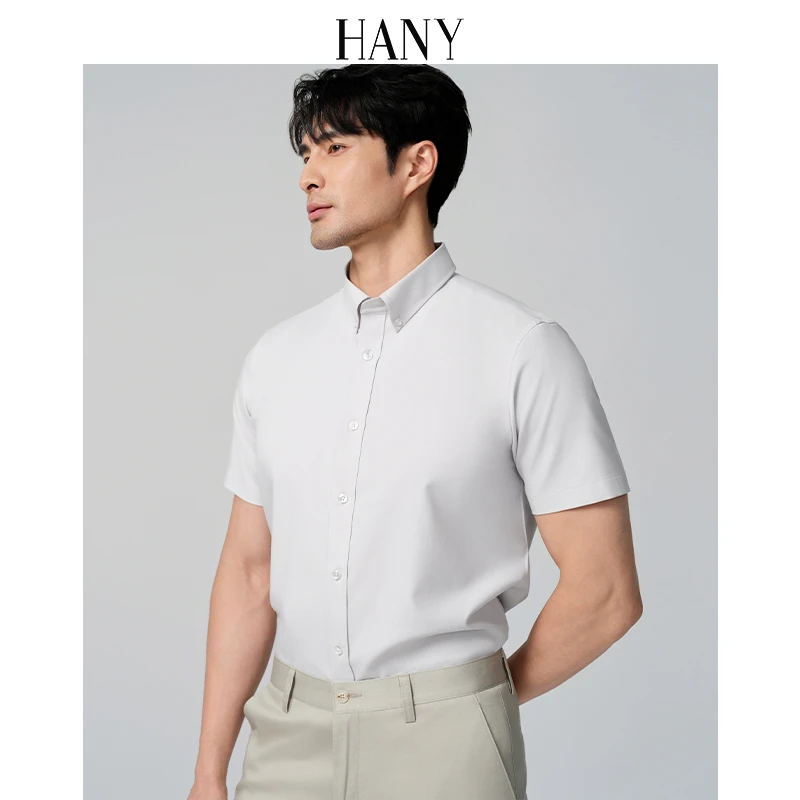HANY[小尖扣领易打理]2025新款男短袖商务衬衫男士灰色休闲衬衣夏