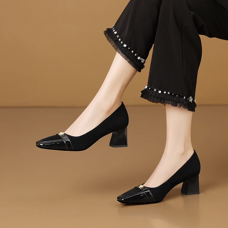 5.5cm新款浅口单鞋女粗跟工作鞋方头复古羊反绒真皮中跟百搭皮鞋