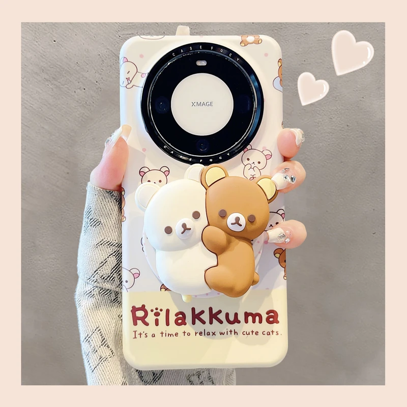 适用华为mate70pro+手机壳可爱卡通波点轻松熊磁吸支架mate60pro