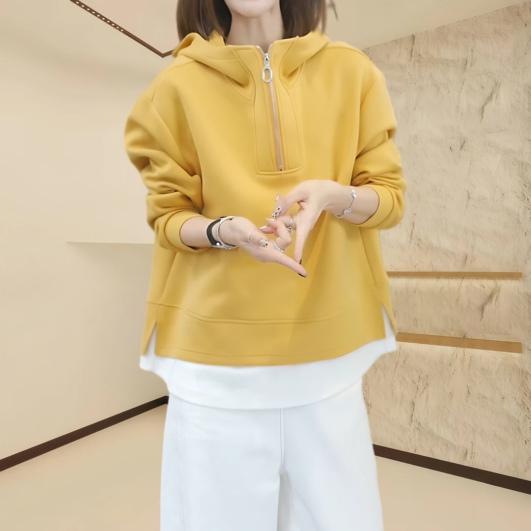 时尚立领假两件外套女2025秋季新款洋气宽松显瘦休闲百搭连帽上衣