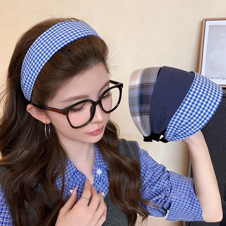 蓝色格纹宽边发箍2025新款带齿防滑洗脸发带头箍发捆韩系头饰发卡