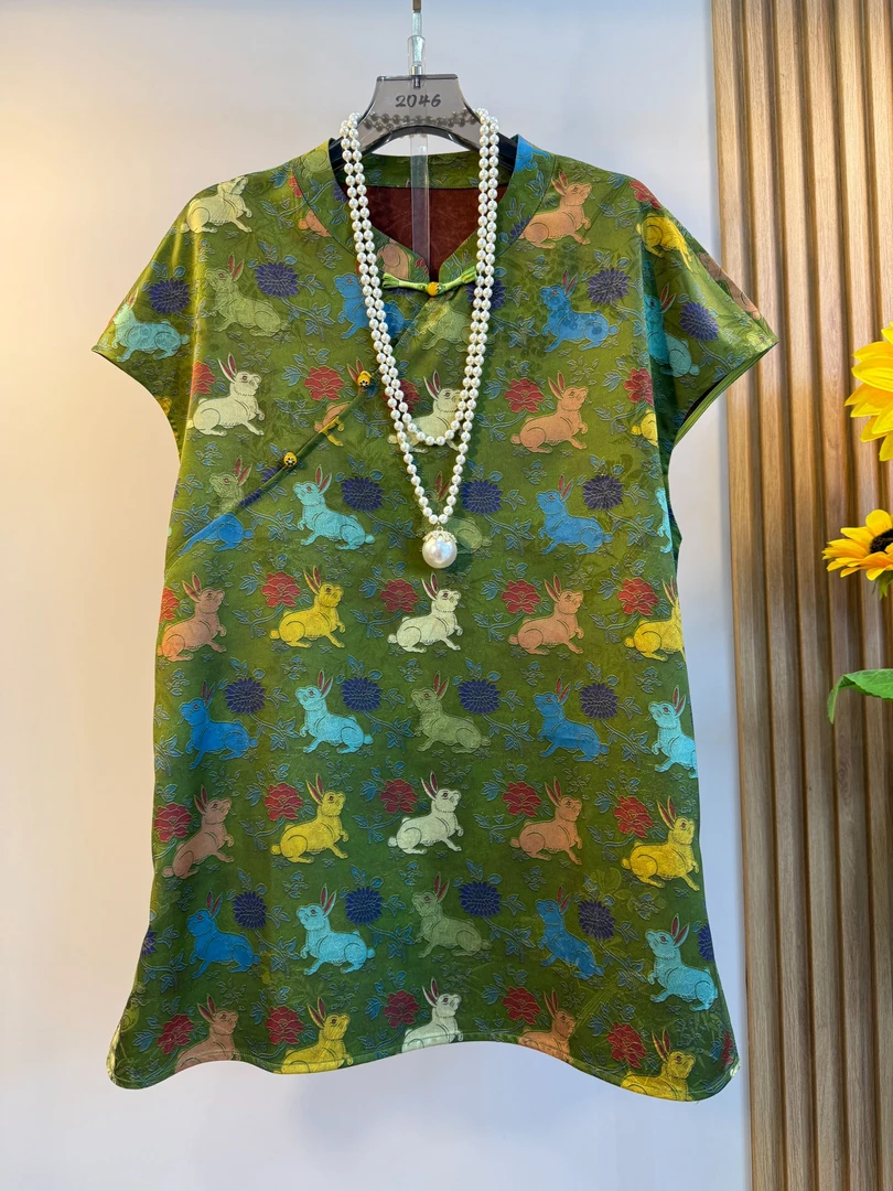 欧洲站2025夏季新中式国风侧盘扣兔子提花优雅显瘦无袖中长款马夹