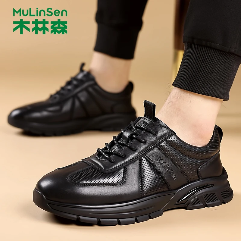 木林森男鞋真皮运动鞋登山男士徒步鞋黑色户外战术鞋头层牛皮增高