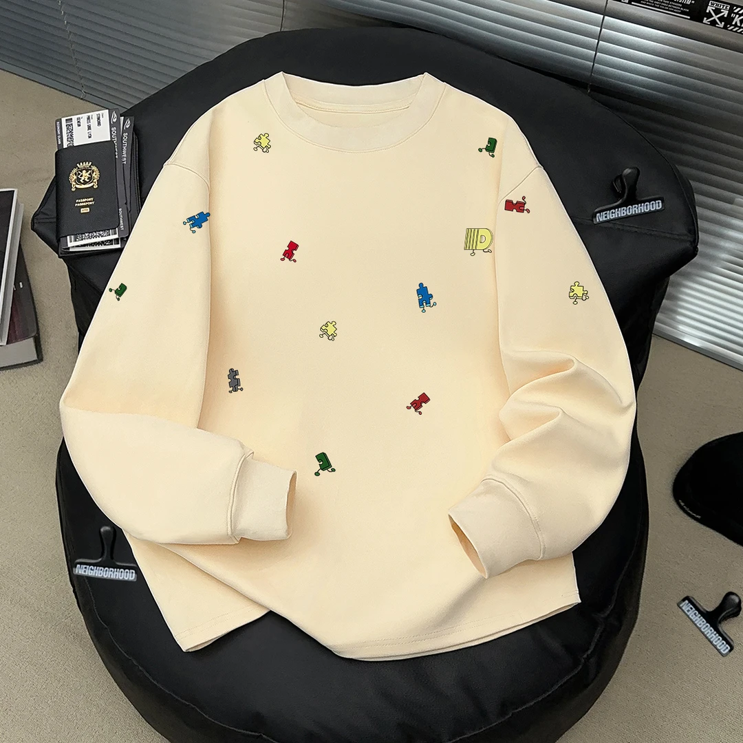 美式个性简约拼图印花男女长袖T恤ins秋季100%纯棉休闲情侣上衣