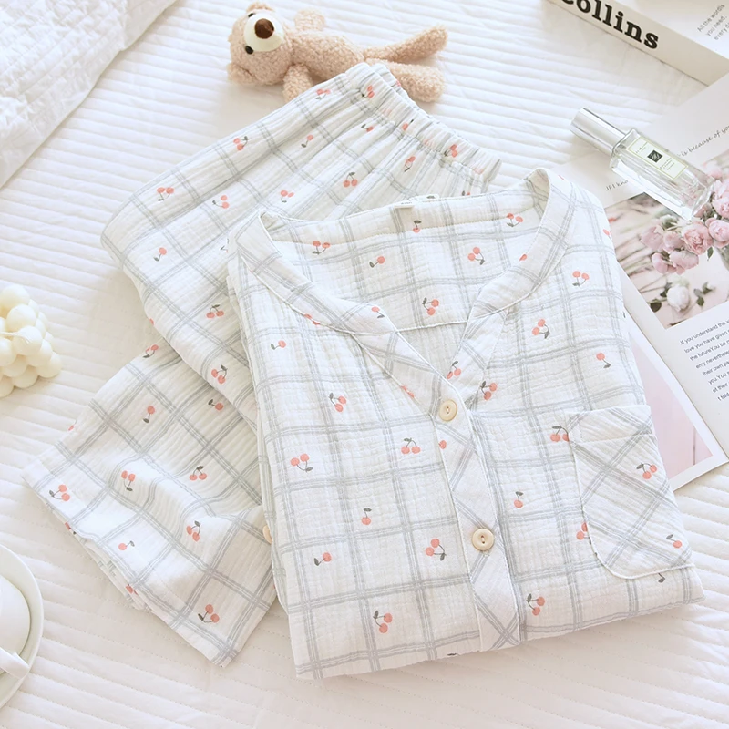 新款女士樱桃格子纯棉睡衣双层棉纱翻领柔软舒适透气家居服套装
