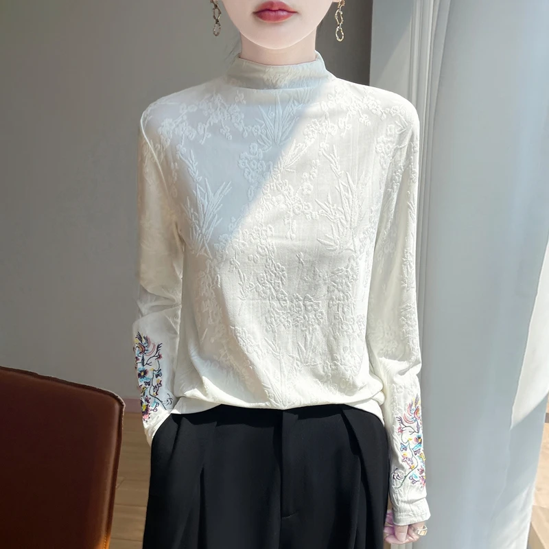 正品哥弟新款女士长袖针织衫国风刺绣半高领时尚内搭打底衫上衣女