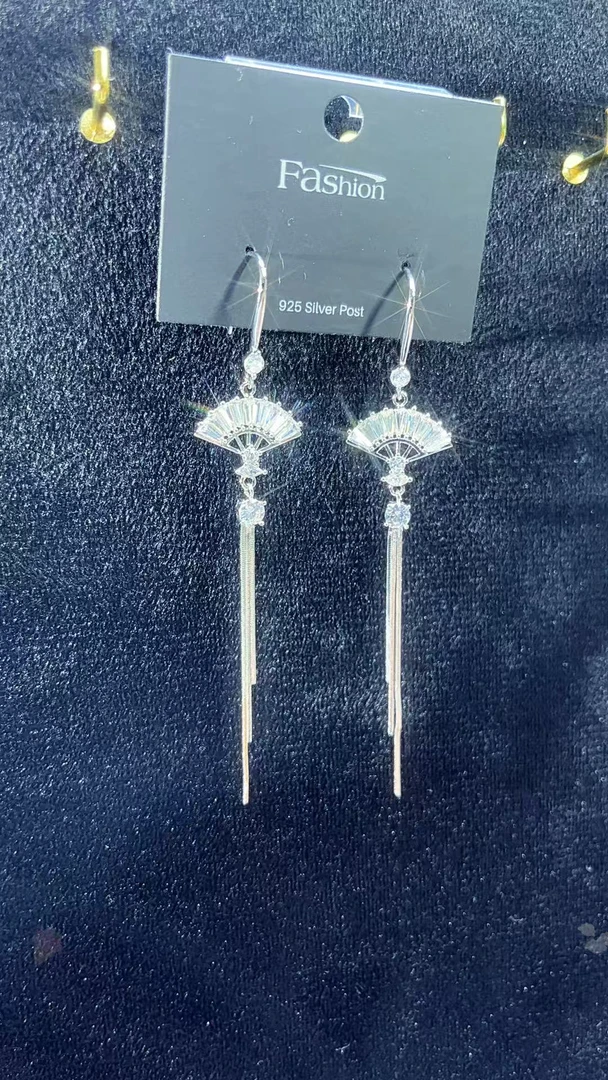 铜合金锆石耳饰 挂钩扇子流苏耳环经典百搭0307