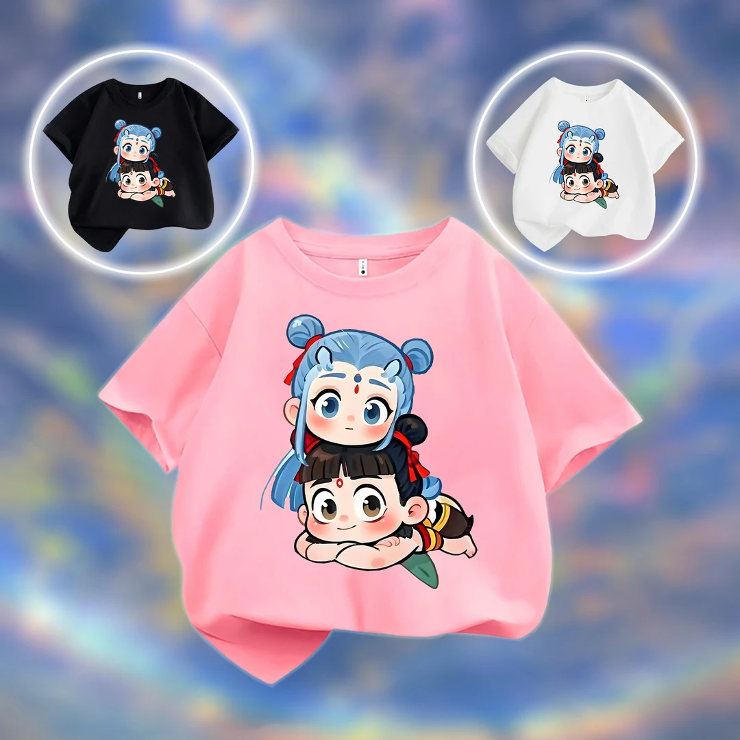 丸子版小哪吒敖丙 趣味喜居麦圆领百搭纯棉短袖儿童出游夏季ins