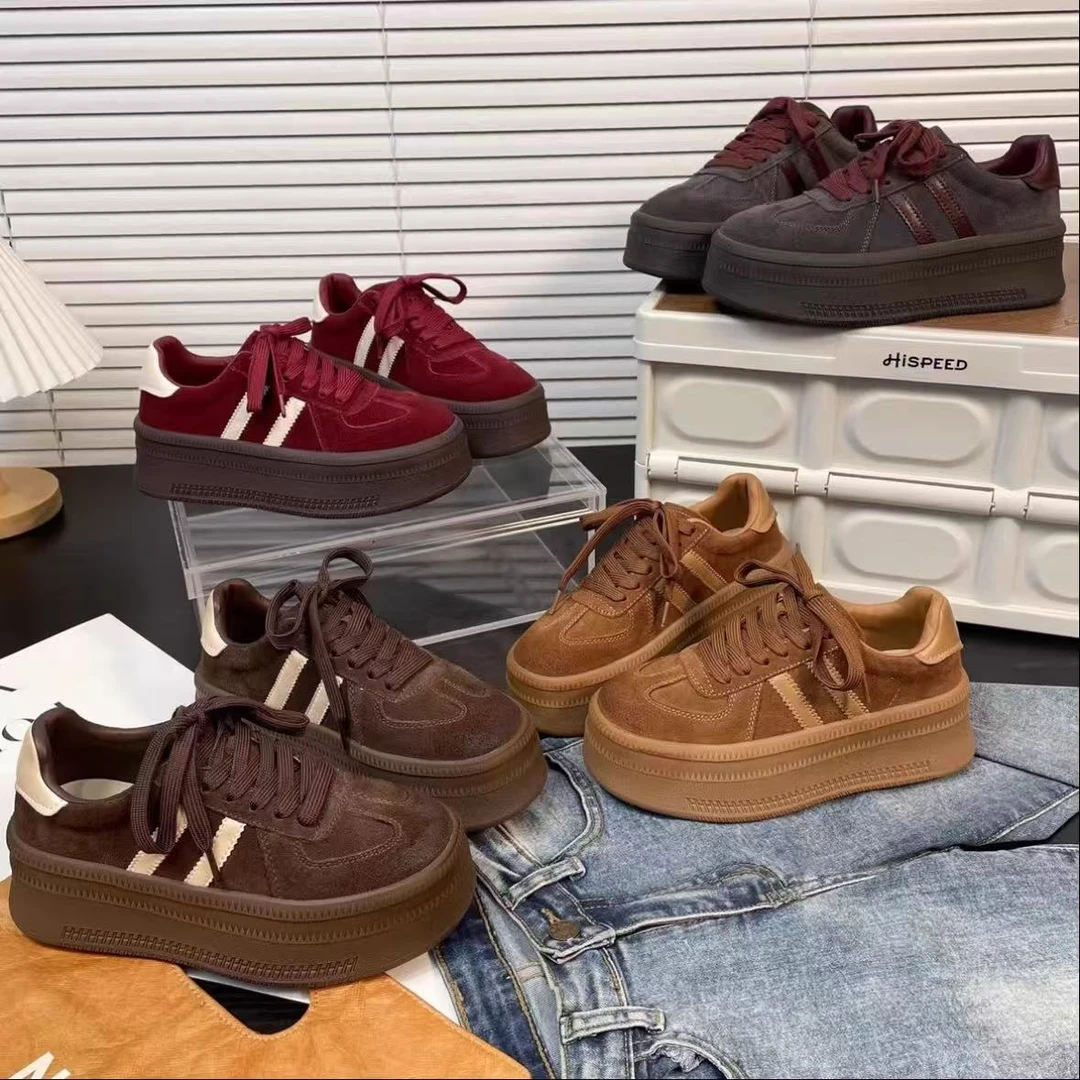 安哥拉红秋冬新款拼色复古德训鞋女磨砂真皮松糕休闲运动厚底板鞋