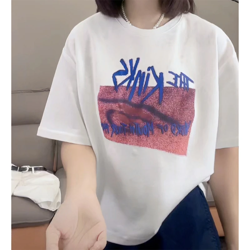 时尚百搭字母印花T恤女2025夏新款休闲气质简约减龄圆领短袖上衣