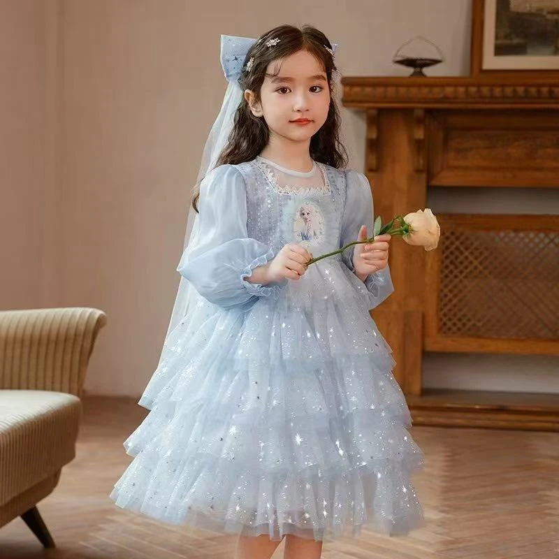 公主裙爱莎女童蛋糕裙春装2025新款冰雪奇缘洋气蓬蓬纱艾莎连衣裙
