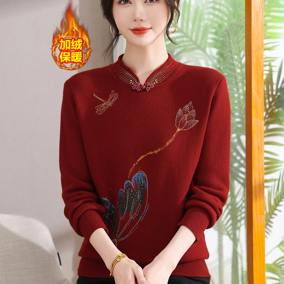 洋气妈妈冬装加绒加厚红色毛衣中老年女一体绒保暖针织打底衫套装