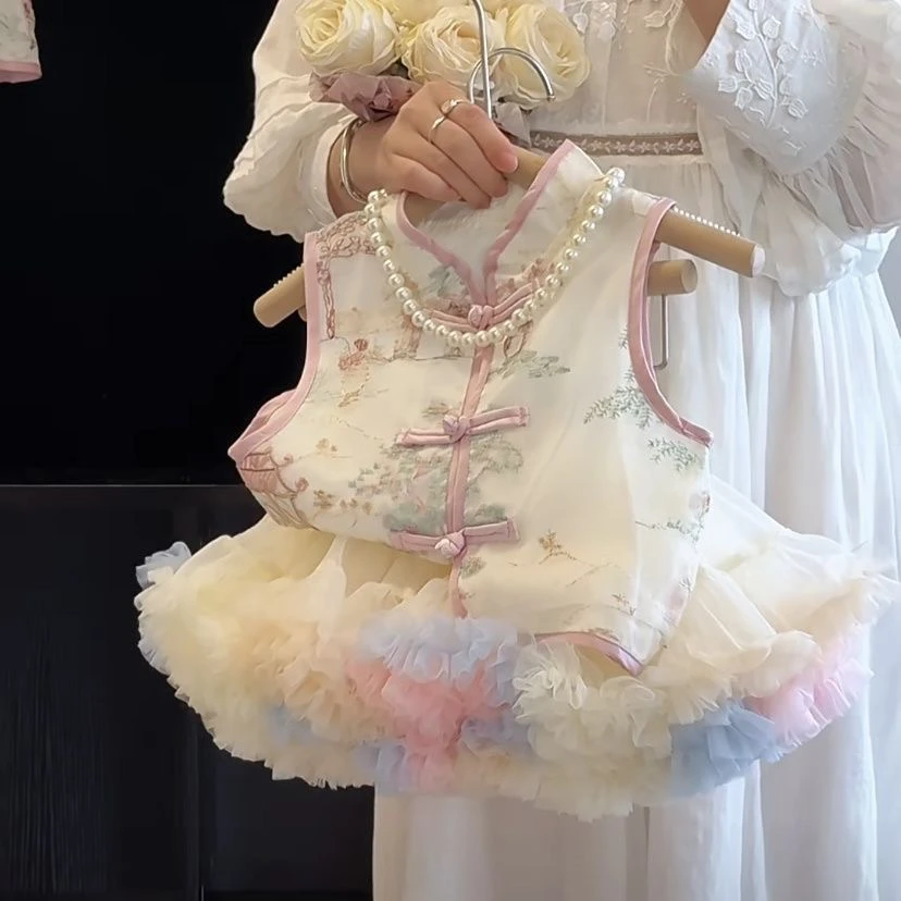 新中式套装2025新款夏季时尚洋气中小童女宝宝无袖上衣突突半身裙